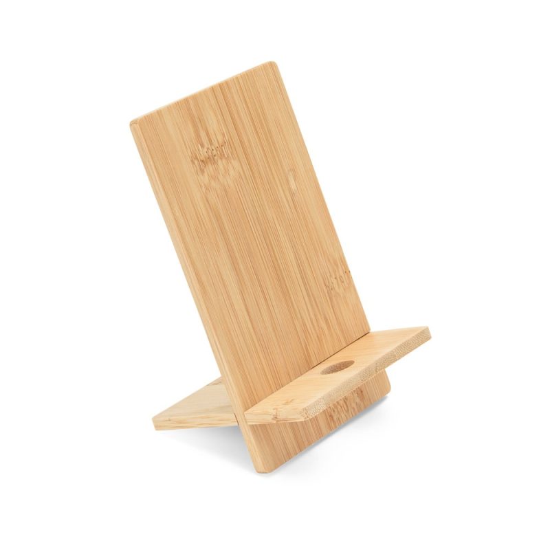 Bamboo phone stand with simple design.