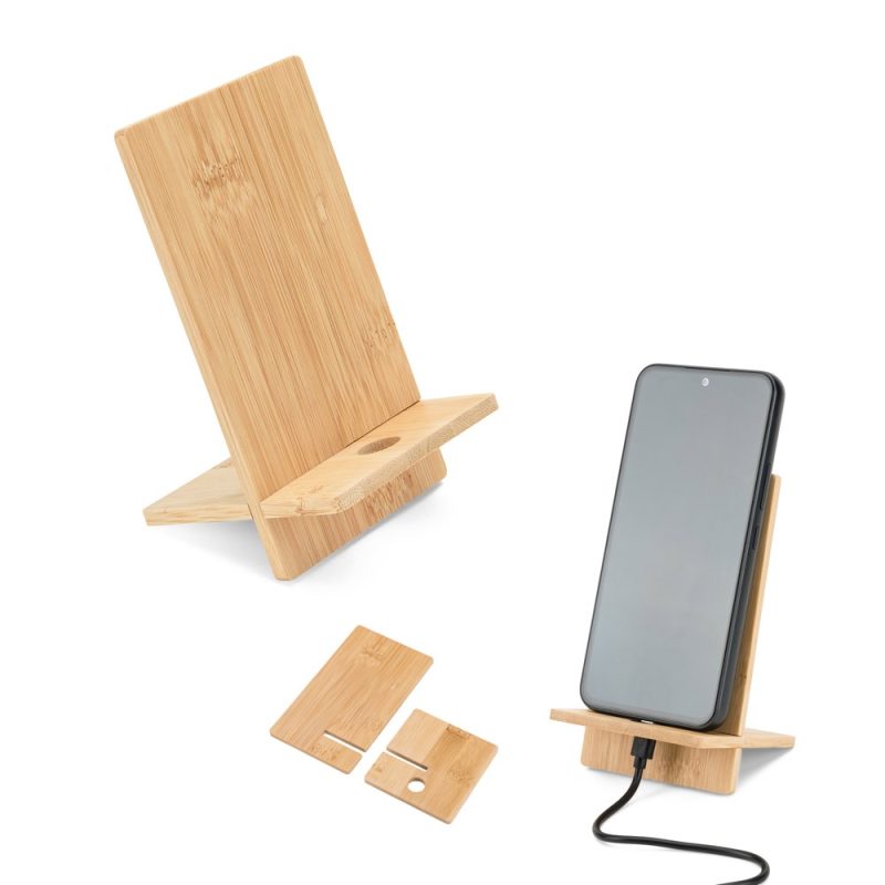 Bamboo phone stand with disassembled parts visible.