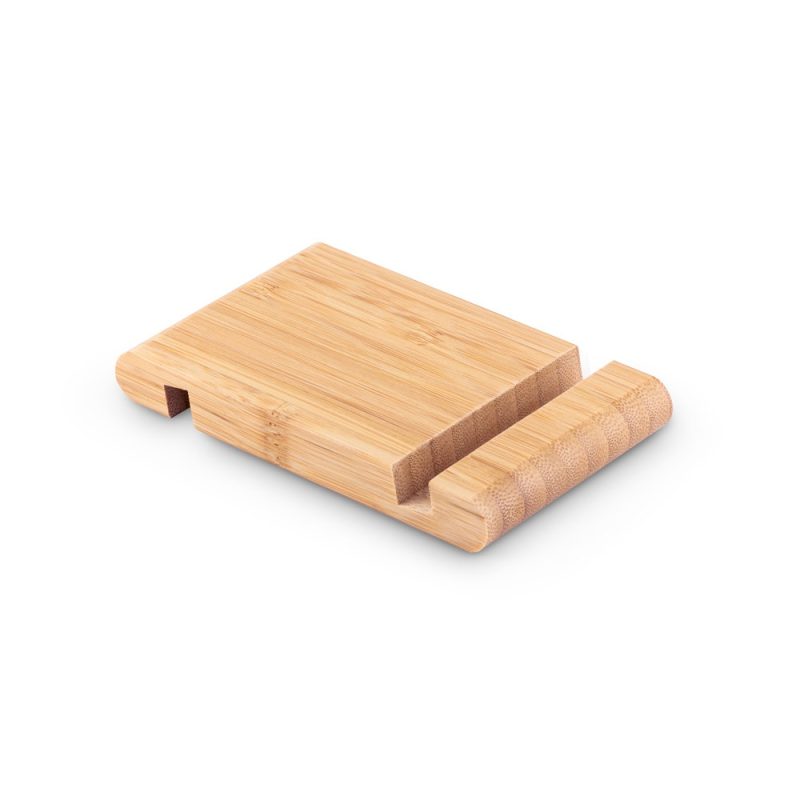 Bamboo phone or tablet stand on white background.