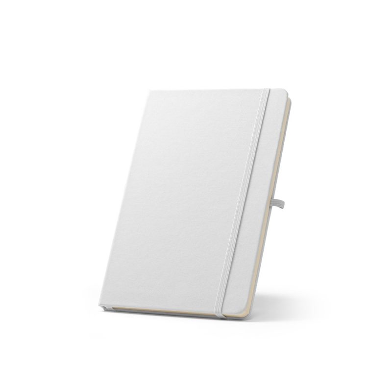 Plain white hardcover journal standing upright.