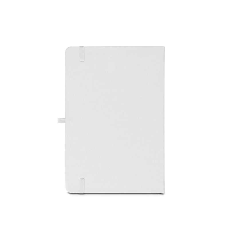 White closed notebook with elastic band.