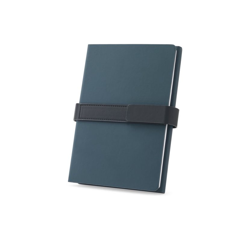 Dark journal with elastic strap, closed and upright.