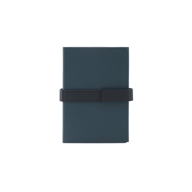 Blue leather notebook with black strap