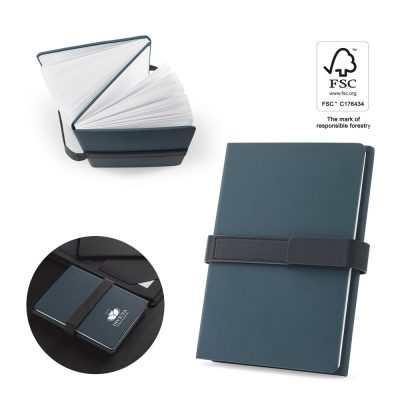 Dark blue notebook with strap and FSC logo.