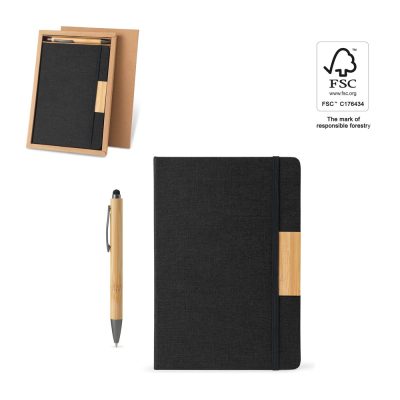 Eco-friendly notebook and pen set with FSC logo.