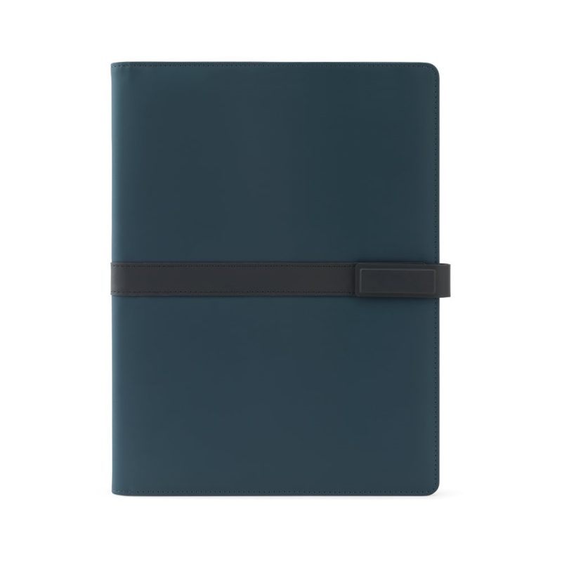 Stylish green leather notebook with black strap.