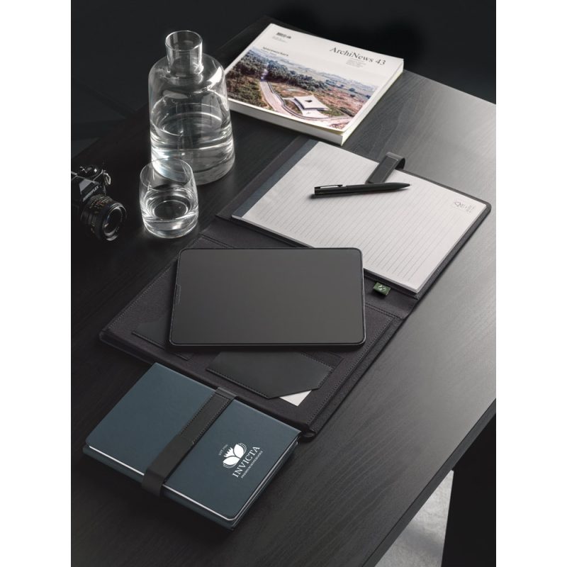 Office desk with stationery, tablet and camera