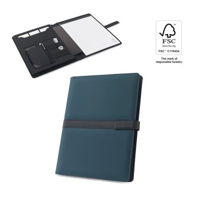 Open and closed teal leather organiser with pockets.