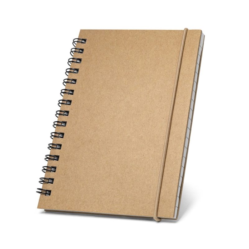 Brown spiral notebook with elastic closure.