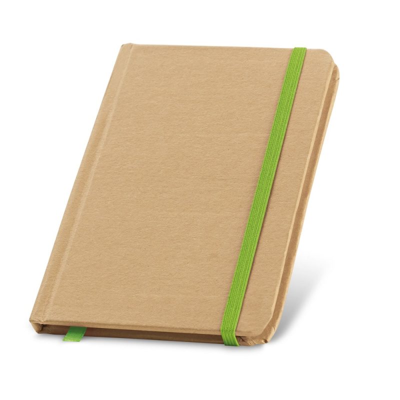 Brown notebook with a green elastic band.