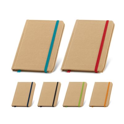 Assorted kraft notebooks with coloured elastic bands.