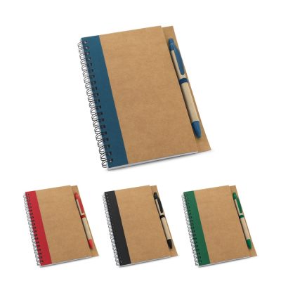 Assorted spiral notebooks with pens, five colours shown.