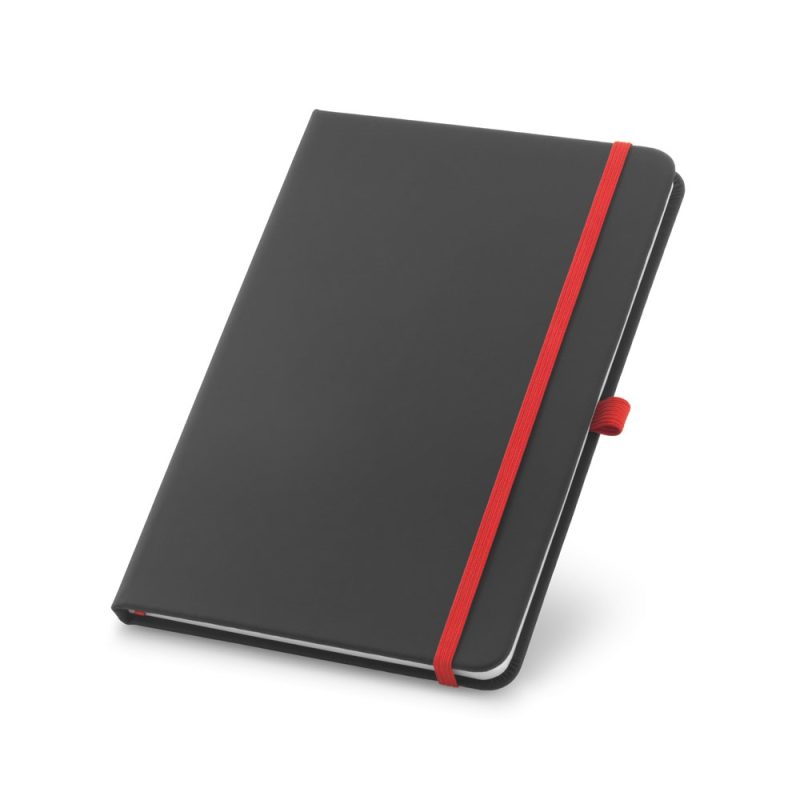 Black notebook with red elastic closure