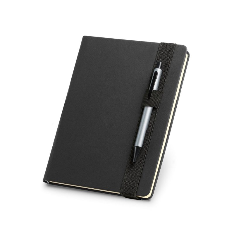 Black notebook with pen attached.