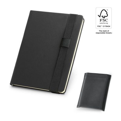 Black notebook with elastic band and forest certification.