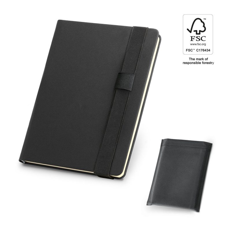 Black notebook with elastic band and forest certification.
