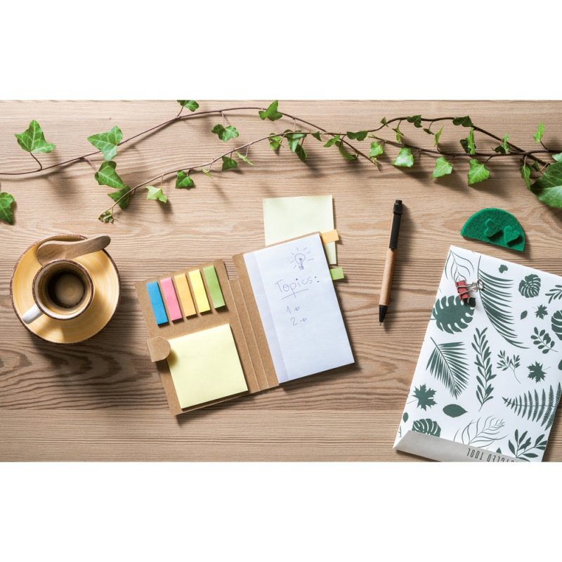 Desk with notebook, coffee, plants and stationery.