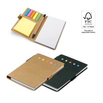 Eco-friendly notebooks with pens and sticky notes.