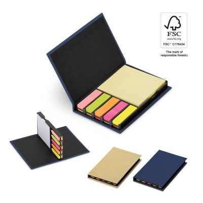 Assorted sticky notes in black folder, FSC certified.