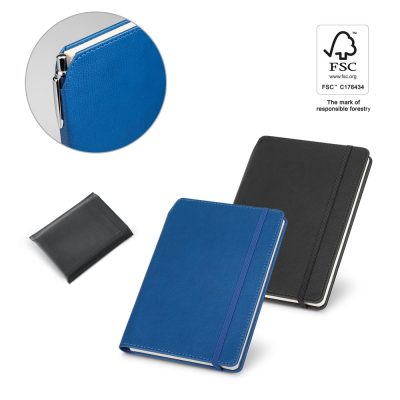 Blue and black leather notebooks with pen.