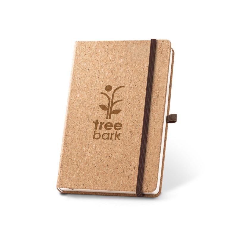 Cork notebook with tree bark logo and strap.