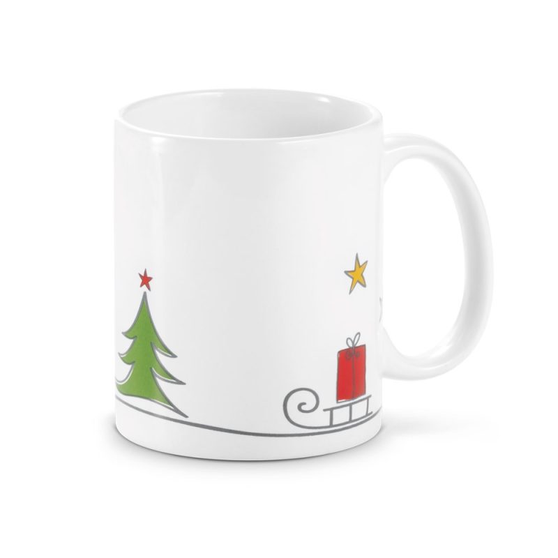 White mug with Christmas tree and sleigh design.