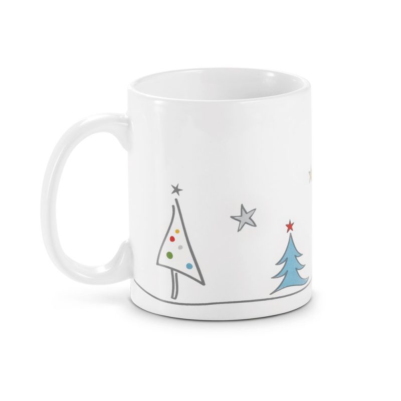 Christmas-themed mug with tree and star designs.