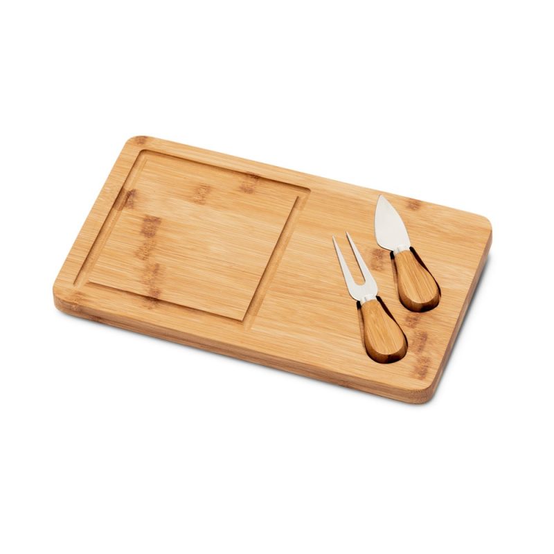 Bamboo cheese board with knife and fork set