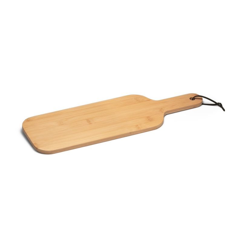Wooden cutting board with handle and string loop.