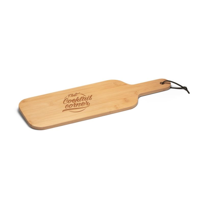 Bamboo cutting board with 'The Cocktail Corner' logo