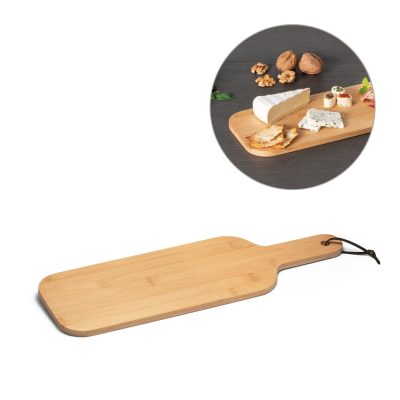 Bamboo serving board with cheese and nuts.