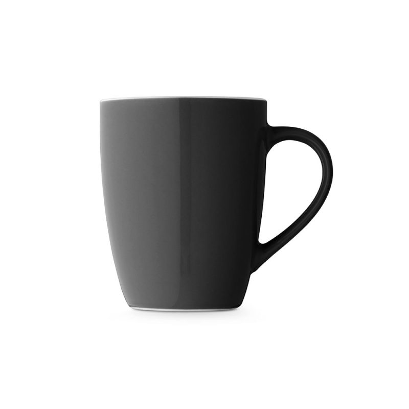 Black ceramic mug with handle.