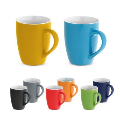 Colorful ceramic mugs collection on white background.
