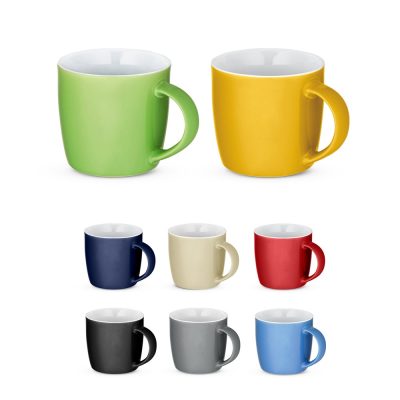Colourful ceramic mugs in various shades.