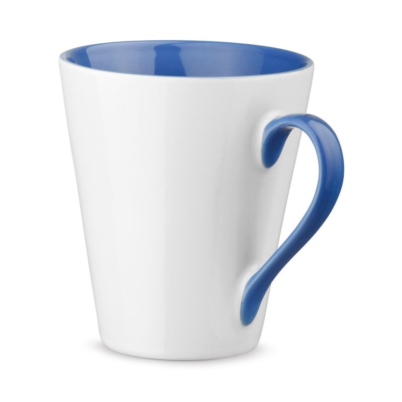 White mug with blue interior and handle.