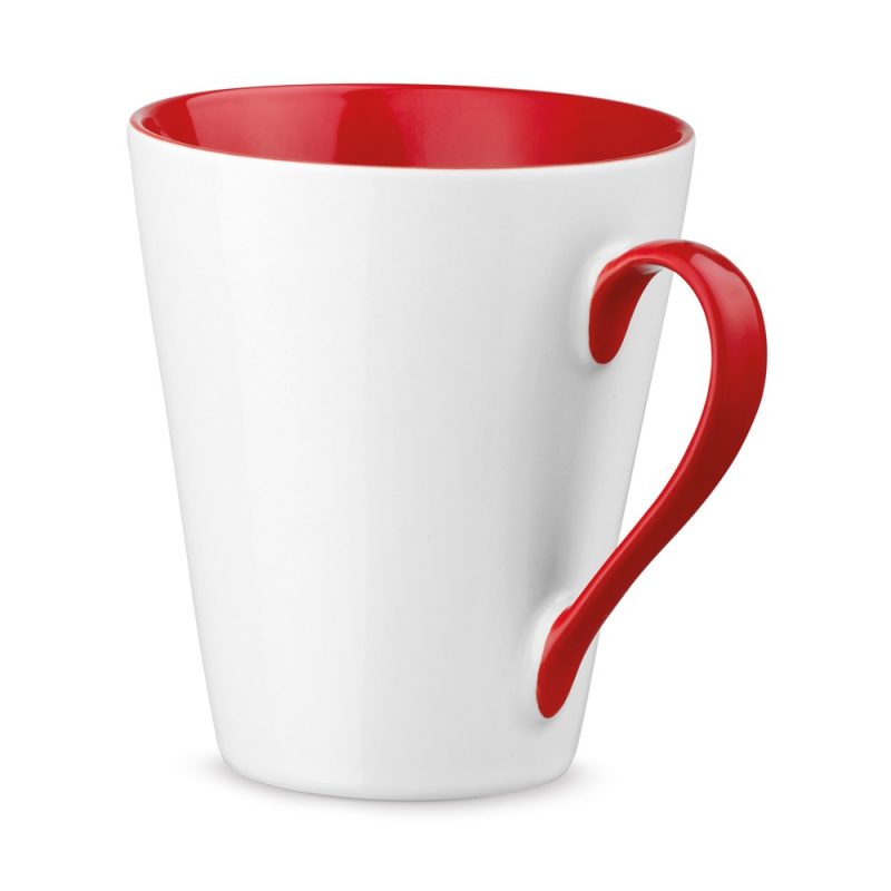 White mug with red handle and interior.