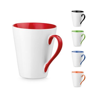 Colourful mugs with matching handles and rims.
