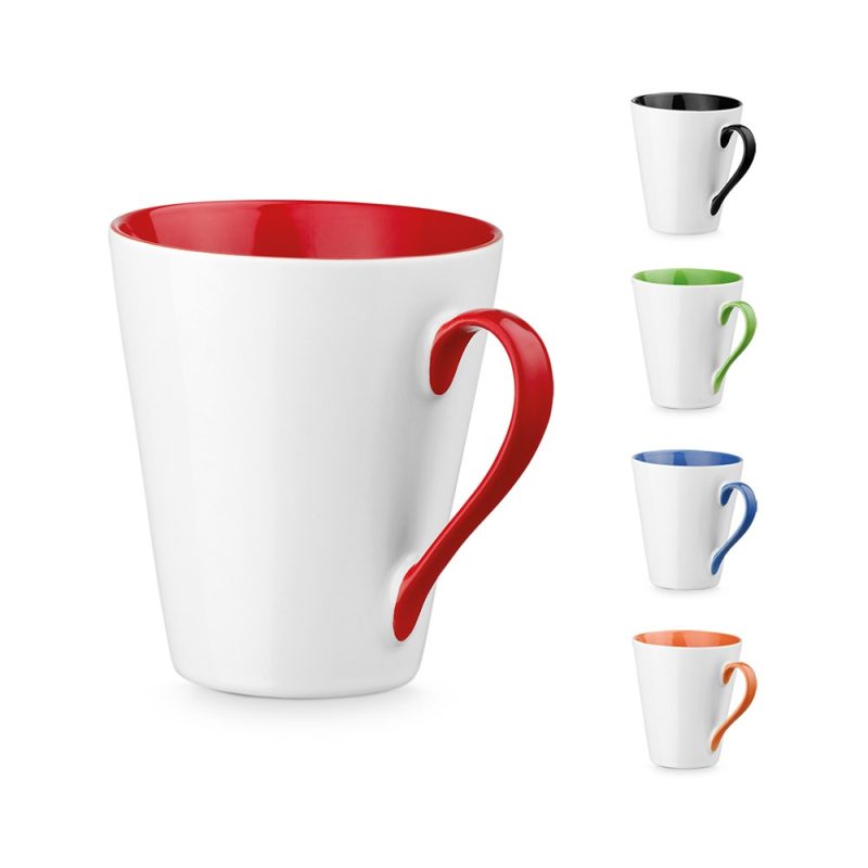 Colourful mugs with matching handles and rims.
