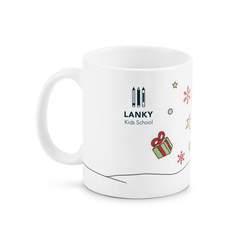 White mug with festive design and Lanky Kids School logo.
