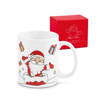 Christmas mug featuring Santa Claus design with box