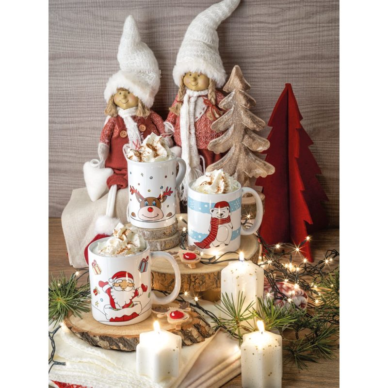 Festive mugs and decorations with Christmas lights.