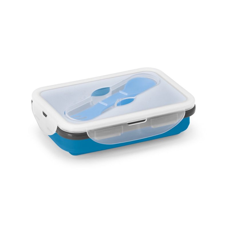 Blue lunchbox with utensils, white lid