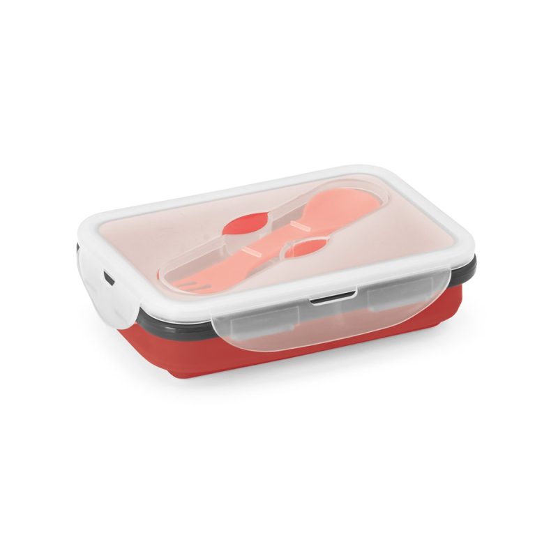 Red lunchbox with cutlery inside, white lid.