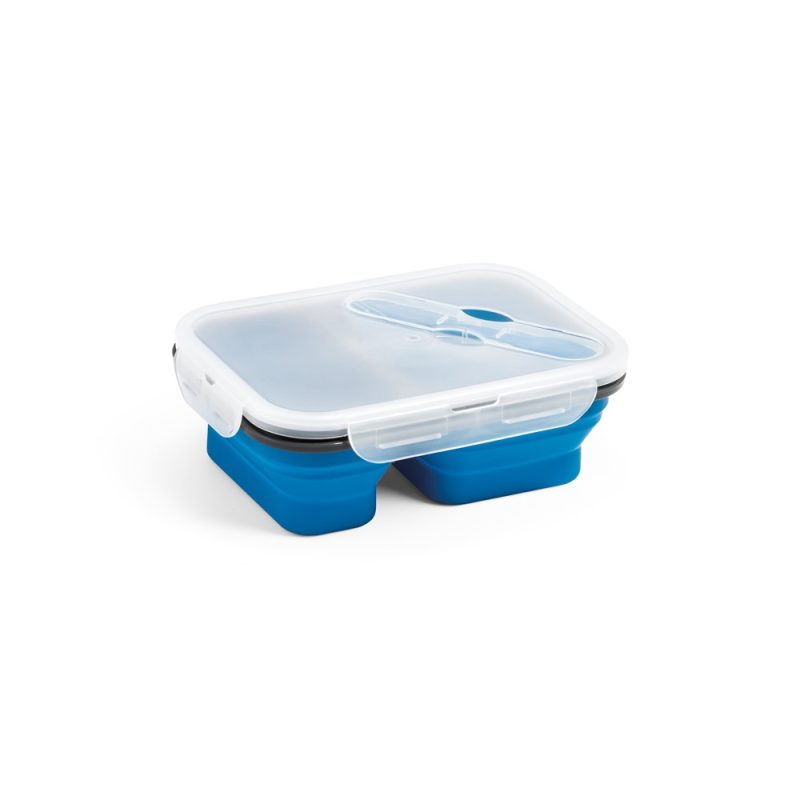 Collapsible blue lunchbox with clear lid.