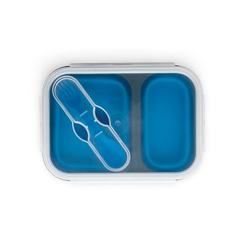 Blue bento box with plastic cutlery.
