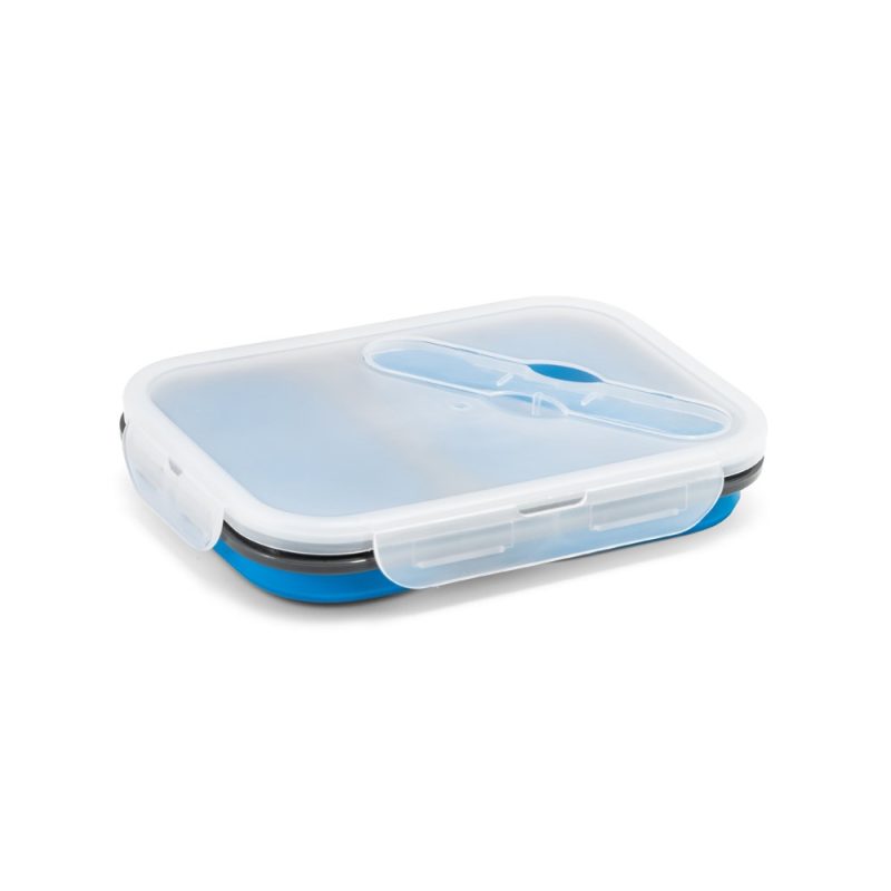 Rectangular plastic food container with clear lid.
