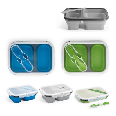 Collapsible lunchboxes with utensils in grey, blue, green.