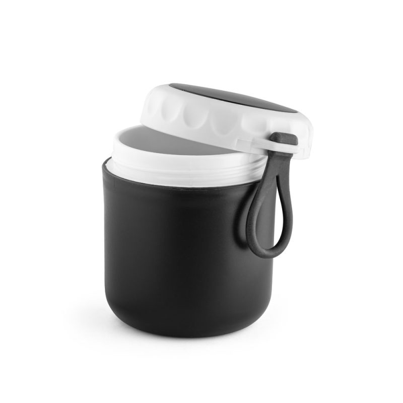 Black insulated food container with open lid.