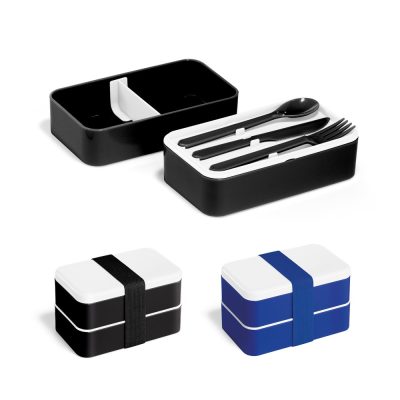 Bento lunch boxes with cutlery and straps.