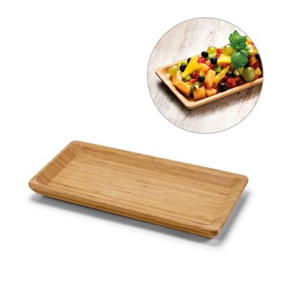 Rectangular bamboo tray with assorted fruit.